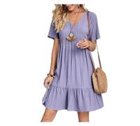 saVgu Robe Ample et Fluide décontractée, Robes d'été for Femme, Tunique Fluide, Mini Robe à Manches Courtes, col en V, Robe trapèze décontractée au Genou. (Color : Purple, Size : US-XL)