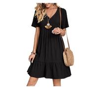 saVgu Robe Ample et Fluide décontractée, Robes d'été for Femme, Tunique Fluide, Mini Robe à Manches Courtes, col en V, Robe trapèze décontractée au Genou. (Color : Black, Size : US-L)