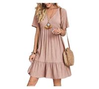 saVgu Robe Ample et Fluide décontractée, Robes d'été for Femme, Tunique Fluide, Mini Robe à Manches Courtes, col en V, Robe trapèze décontractée au Genou. (Color : Pink, Size : US-M)