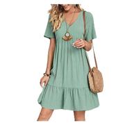saVgu Robe Ample et Fluide décontractée, Robes d'été for Femme, Tunique Fluide, Mini Robe à Manches Courtes, col en V, Robe trapèze décontractée au Genou. (Color : Light Green, Size : US-M)