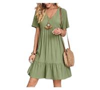 saVgu Robe Ample et Fluide décontractée, Robes d'été for Femme, Tunique Fluide, Mini Robe à Manches Courtes, col en V, Robe trapèze décontractée au Genou. (Color : Green, Size : US-XL)