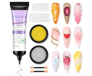 SAVILAND Gel 3D Nail Art, 15g Colle Faux Ongles Clair avec Poudre Chrome Or/ Argent, Moule en Silicone 3D pour Ongles, Gel Ongle Nail Art 3D Kit pour Création Designs d'Ongles DIY Amateur DIY