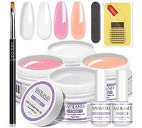 Saviland Gel Construction Ongle U V, 4 Couleurs de Base d'Extension d'Ongles Clair Blanc Nudes Rose, avec Pinceau à Ongles, 100Pcs Chalbon, Top Coat et Base Coat pour Renforce les Ongles Gel