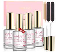 Saviland Kit Liquide de Tremper Complet, 4* 15ML Base et Top Coat Professionel pour Dip Powder, Activateur et Brush Saver pour Duree Longue d'ongle en Poudre à Poudre de Trempage