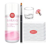 Saviland Kit Slip Solution pour Polygel, 120 ml Polygel Liquide de Nettoyage avec Pinceau à Ongles, Godet Dappen, 200 Tampons à Ongles, Solution de Glissement Kit Complet