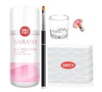 Saviland Kit Slip Solution Pour Polygel Nettoyage avec Pinceau à Ongles | 120 ml Polygel Liquide Godet Dappen, 200 Tampons à Ongles, Solution de Glissement Kit Complet Solution pour gel construction