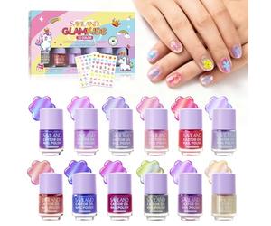 SAVILAND Kit Vernis à Ongles pour Enfants, Formule Aqueuse et Peel-off, Non Toxique, à Base Végétale, Coffret de 12 Couleurs avec Stickers et Autocollants Nail-art Cadeau d’Anniversaire