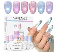 SAVILAND Kit Vernis Semi Permanent Cat Eye avec Stylo Magnétique, 6 PCS Vernis Gel Magnétique Brillants à Eclat Cristallin Argent, Rose, Bleu, Violet, Orange pour Debutant