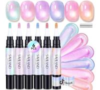 SAVILAND Lot de 6 stylos à ongles en gel 3 en 1 en forme d'œil de chat avec | Base de base, couleur et top coat en un seul stylo - Avec aimant pour des ongles Aurora Cat Eye scintillants