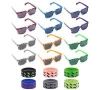 SAVITA 12pcs Lunettes Pixel avec 12 Bracelets, Accessoires Colorés en Silicone pour Enfants Adultes Fête Pixel Anniversaires Événements Ludiques