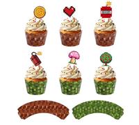 SAVITA 24pcs Caissettes à Cupcakes Pixelisées et 24pcs Décorations Cupcakes, Thème Jeux Vidéo Gâteaux d'Anniversaire Décoration pour Fête d'Anniversaire Garçon Fille