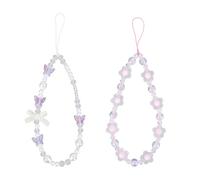 SAVITA 2pcs Bracelet Téléphone Perles, Dragonne Téléphone Perle Papillon et Fleur en Cristal pour Sac Appareil Photo Étui Écouteurs Décoration(Blanc et Violet)