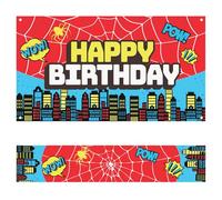 SAVITA 2pcs Décorations de Fête en Toile d'Araignée Rouge, 180x100 cm Bannière Fond Super Ville Happy Birthday et 180x35 cm Chemin de Table en Nappe Anniversaire d'enfant Baby Shower