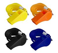 SAVITA 4 Pièces Sifflets en Plastique avec Lanière, Sifflet Arbitre Basket Enfant, Sifflet de Sport en Entraînement Urgence de Survie Sport pour Entraîneur Enseignant(Noir, Bleu, Orange et Jaune)