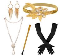 SAVITA 5 pièces Accessoires de Clapet des Années 1920 Ensemble D'accessoires de Costume des Années 20 Gatsby Charleston pour Femmes Bandeau Boucles D'oreilles Collier de Perles Gants Porte-cigarette