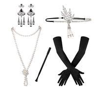 SAVITA 5 pièces Accessoires de Clapet des Années 1920 Ensemble D'accessoires de Costume des Années 20 Gatsby Charleston pour Femmes Bandeau Boucles d'oreilles Collier de Perles Gants Porte-Cigarette