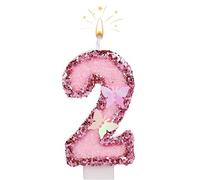 SAVITA 7cm Bougies Numéro d'Anniversaire, Bougies Roses Scintillantes Cake Topper Bougies d'Anniversaire Papillon avec Paillettes pour les Fournitures de Célébrations d'Anniversaire (Numéro 2)