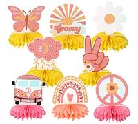 SAVITA 8pcs Hippie Decoration Party, Centres de Table Réutilisables en Nid d'abeille Hippie Décorations de Fête Groovy Boho Hippie avec Trombones pour Filles Adolescents Marguerite Signe Papillon