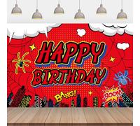 SAVITA Décoration de Fête Toile D'araignée, 152x100cm Toile D'araignée Rouge Happy Birthday Bannière Décoration Héros pour Garçons Baby Shower & Stand Photo