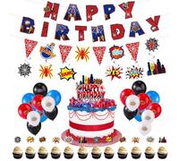 SAVITA Décorations d’Anniversaire Araignée, Comprend Bannière Happy Birthday Toile d’Araignée Spirales Suspendues Ballons Latex Toppers Gâteau Fanions pour Décorations Fête Thème Araignée
