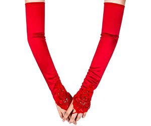 SAVITA Doigts Longue Rouge Gants percés coude Longueur Satin Gants 19 "Extensible soirée d'opéra soirée des années 1920 Gants pour Femmes