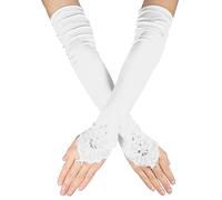 SAVITA Gants Longs en Dentelle, Doux Gants Dentelle Sans Doigts, Gants d'Opéra, Gants de Longueur de Coude, Gants Long en Satin Gants de Mariée pour Mariage, Thé, Mascarade(Blanc)