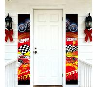 SAVITA Lot de 2 panneaux de porche « Happy Birthday » sur le thème de la voiture, bannière de porche d'anniversaire de dessin animé, décorations de fête pour garçons et filles