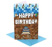SAVITA Pixel Happy Birthday Carte Set, 20,5x13,5cm Carte d'Anniversaire Jeu Vidéo avec Enveloppe et Autocollant Cadeaux Drôles Fête Minage pour Enfants Ados Cadeau Gamer Décorations à Thème