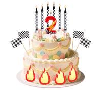 SAVITA Racing Cars Themed Anniversaire Bougie, Rouge Race Car Lightning Chiffre Bougie & Blanc et Noir Checked Flag & Fire Flame Gâteau Toppers Set Anniversaire Fête Thème Décoration Fournitures (2)