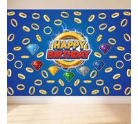 SAVITA Toile Fond Joyeux Anniversaire Dessin Animé, 100x150cm Fond d'anniversaire Bleue avec Anneau Doré Pierres Précieuses Colorées Fournitures Fête Thème Jeu Vidéo Accessoires Photo et Décorations