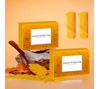 Savon au curcuma + éponge africaine, savon kojique et curcuma et éponge africaine 2 kit, curcuma et savon kojique et filets d'éponges africaines, barre de savon au citron et curcuma, exfoliant doux