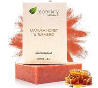 Savon au curcuma et au miel de Manuka pour le corps et le visage, savon naturel au curcuma avec aloe vera bio, beurre de karité et calendula - Doux pour tous les types de peau, barre non parfumée de