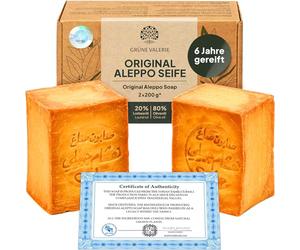 Savon d'Alep Grüne Valerie® Original Set 2 x 200g (400g) avec 20%/80% d'huile de laurier/huile d'olive, valeur PH 8 Detox, fait a la main,mûri pendant 6 ans!
