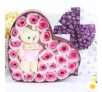 Savon Fleurs Coffret Cadeau, Fake Flower Gift Box et un ours Muppet, Savon Fleur Boîte Ronde avec Bougies Parfumées Rose Artificielle et Cire Végétale Naturelle Aromathérapie Bain Cadeau (Rose)