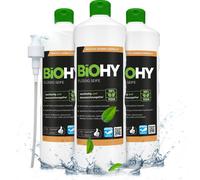 Savon liquide BiOHY (flacon de 3x1l) + Distributeur à pompe| Inodore, doux pour la peau et relipidant | SANS PHOSPHATE | Sans parfum ni colorant