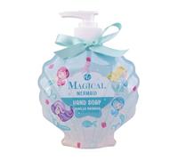 Savon liquide pour les mains Accentra Sirène Magique pour filles, 340 ml, présenté dans un flacon pompe bleu orné de sirènes dans un coquillage. Ce savon doux pour les mains est agrémenté d'un nœud