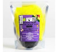 Savon Noir Africain du Ghana 100 g + Filet de Douche Africain Djampé | 100% Naturel & Artisanal | Soin Visage, Corps & Cheveux | Nettoyant, Purifiant & Éclat Naturel | Véritable African Black Soap