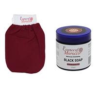 Savon Noir Beldi avec Huile Essentielle d'Eucalyptus Exfoliant Marocain 200 g et Gant Kessa Pour Gommage et Soin du Corps. Pack Hammam Marocain. Marque: Essence of Morocco.