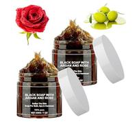 Savon noir exfolié du Maroc avec argan et rose, exfoliant pour le corps du Maroc, nettoyage en profondeur et exfoliant doux, effet adoucissant pour tous les types de peau (2 pièces, 200 g)