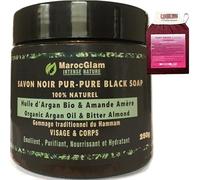 Savon Noir Hammam à l'huile d'argan BIO et l'Amandes amères 250g + Gant de gommage Kessa. Gommage au savon noir Corps et Visage, Purifiant Hydratant et Nourissant