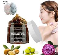 Savon Noir Marocain, Morocco Black Soap 200g, Exfoliant pour le Corps au Morocco, Nettoyage en Profondeur, Hydratation de la Peau, Parfum de Longue Durée Savon Nettoyant (1 Pièces)