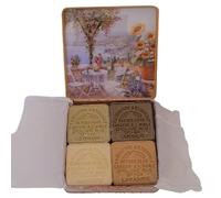 Savons de Marseille Le Sérail coffret boite métal terrasse provençcale de 4 savons huile d'olive bio lait d'anesse, argile citron et lavande
