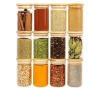 Lot de 12 bocaux à épices en bambou naturel (240 g) - Grands bocaux à épices en verre avec couvercles en bambou - Bocaux de cuisine avec couvercles hermétiques - Lot de récipients à épices -