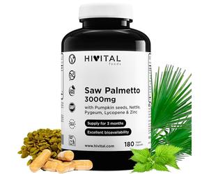Saw Palmetto 3000 mg. 180 capsules vegan pour 3 mois de traitement. Avec Serenoa Repens, graines de citrouille, ortie, pygeum africanum, lycopène et Zinc. Fabriqué en Europe par HIVITAL
