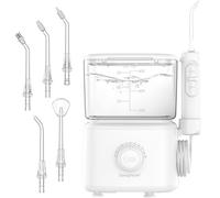 Sawgmore Hydropulseur dentaire électrique avec 10 niveaux de pression réglables, capacité de 600 ml, irrigateur oral avec 5 embouts de buse multifonctions pour la maison, blanc
