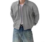 Sawhamale Chemise rayée boutonnée à manches longues et col à revers pour homme, coupe ample, style coréen, chemisier de fête de vacances, bleu gris (M gris)