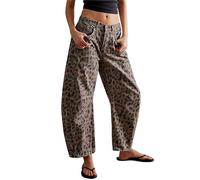 Sawmew Barrel Pants Pantalon en Jean Vintage Ample Délavé Taille Basse pour Femme Imprimé Léopard Jambe Large Style Petit Ami Effet Usé Effet Délavé(M)