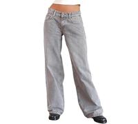 Sawmew Jean droit Y2K pour femme, taille basse, extensible, coupe droite, ample, décontracté, ample, style streetwear(Light gray,XS)