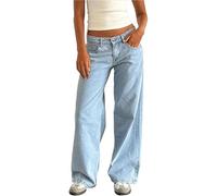 Sawmew Jean droit Y2K pour femme, taille basse, extensible, coupe droite, ample, décontracté, ample, style streetwear(Light blue,XS)