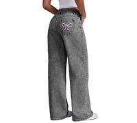 Sawmew Jeans pour Femmes Taille Haute Jeans Cargo Tendance Pantalon Droit en Denim à Jambes Larges avec Poches Brodées à Noeud Rose Y2K Pantalon Décontracté Streetwear Jeans de Couleur Unie(Grey,S)